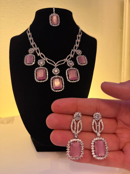 Rose Quartz Halo Statement Necklace Set