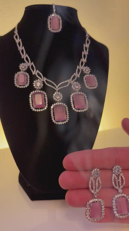 Rose Quartz Halo Statement Necklace Set